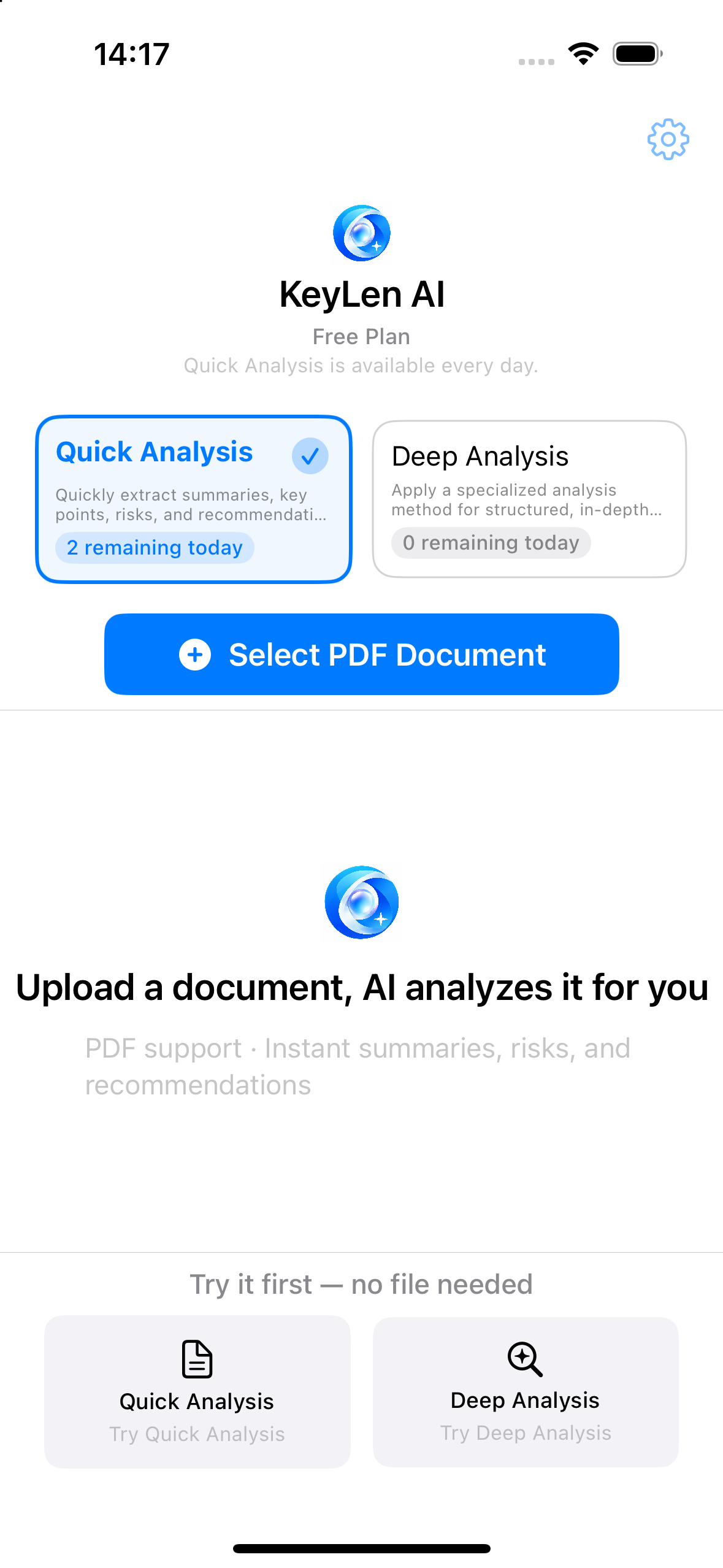 The KeyLen AI home screen: a Quick Analysis and a Deep Analysis card, a Select PDF Document button, and the remaining analysis allowance.