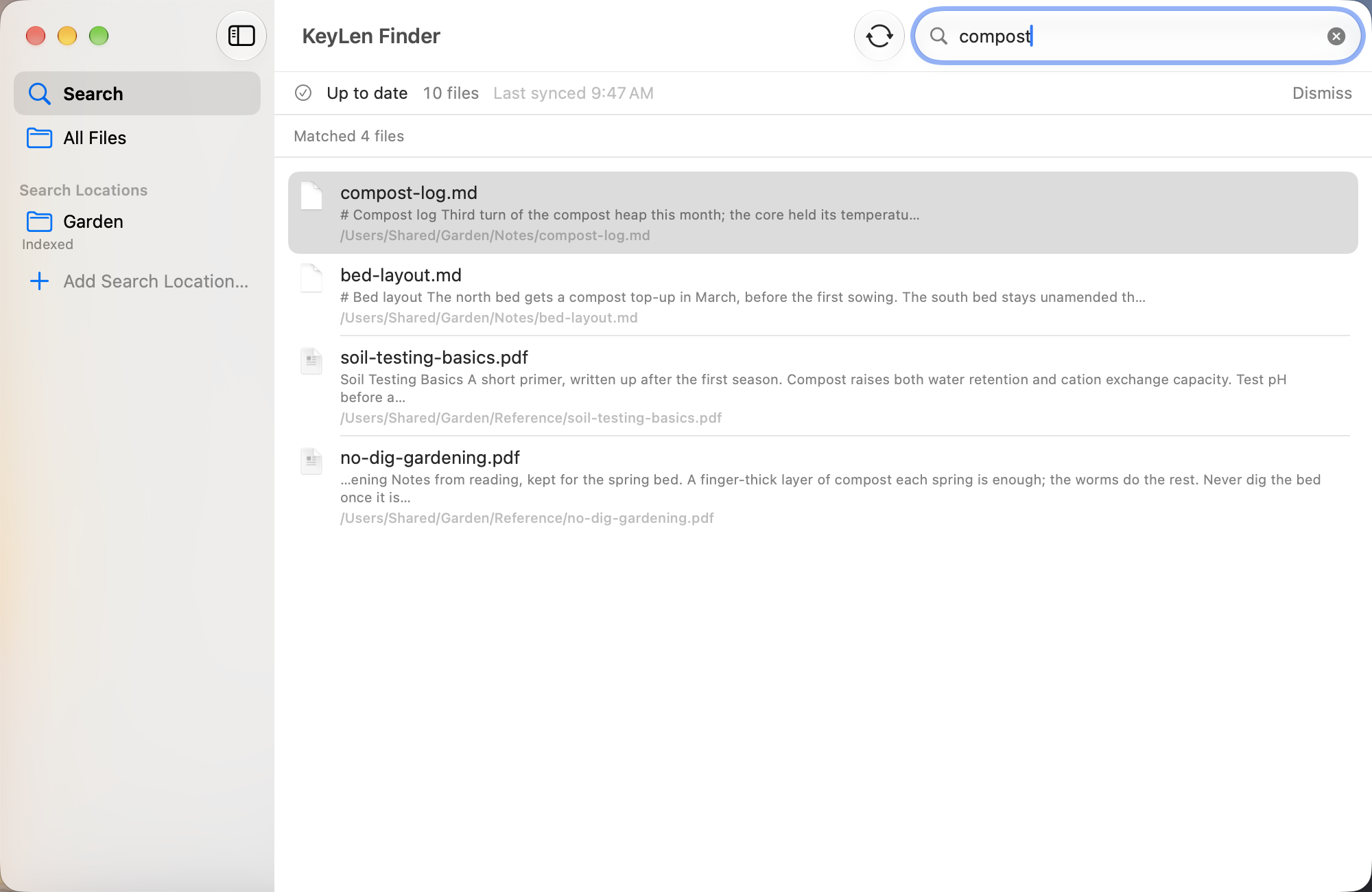 KeyLen Finder search results for “compost” in the synthetic Garden folder.